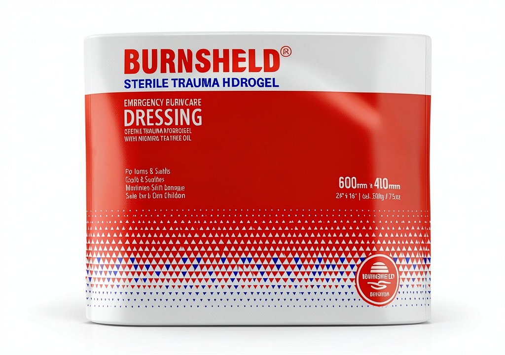 Installing Burnshield Tea Tree Oil Burn Dressing Cooling Hydrogel Non Adhesive on a wooden desk