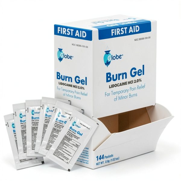 Globe First Aid Burn Gel with Aloe 0.9g Packets, (Box of 144) Advanced First Aid Gel for Temporary Relief of Minor Burns, Cuts, and Scrapes-1